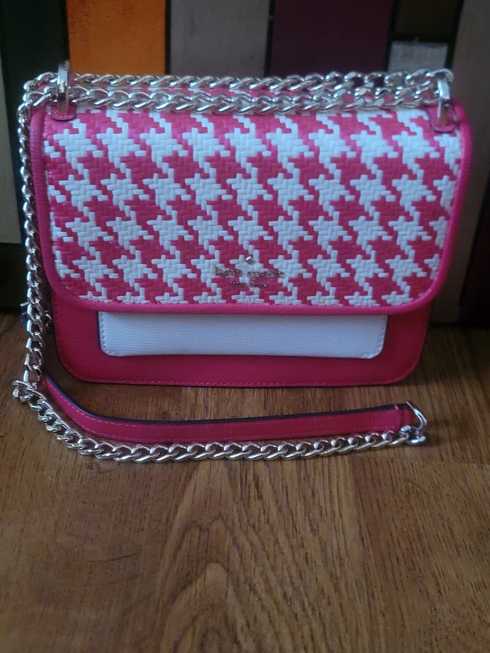 Kate Spade Pink & White Houndstooth Chain Shoulder Bag